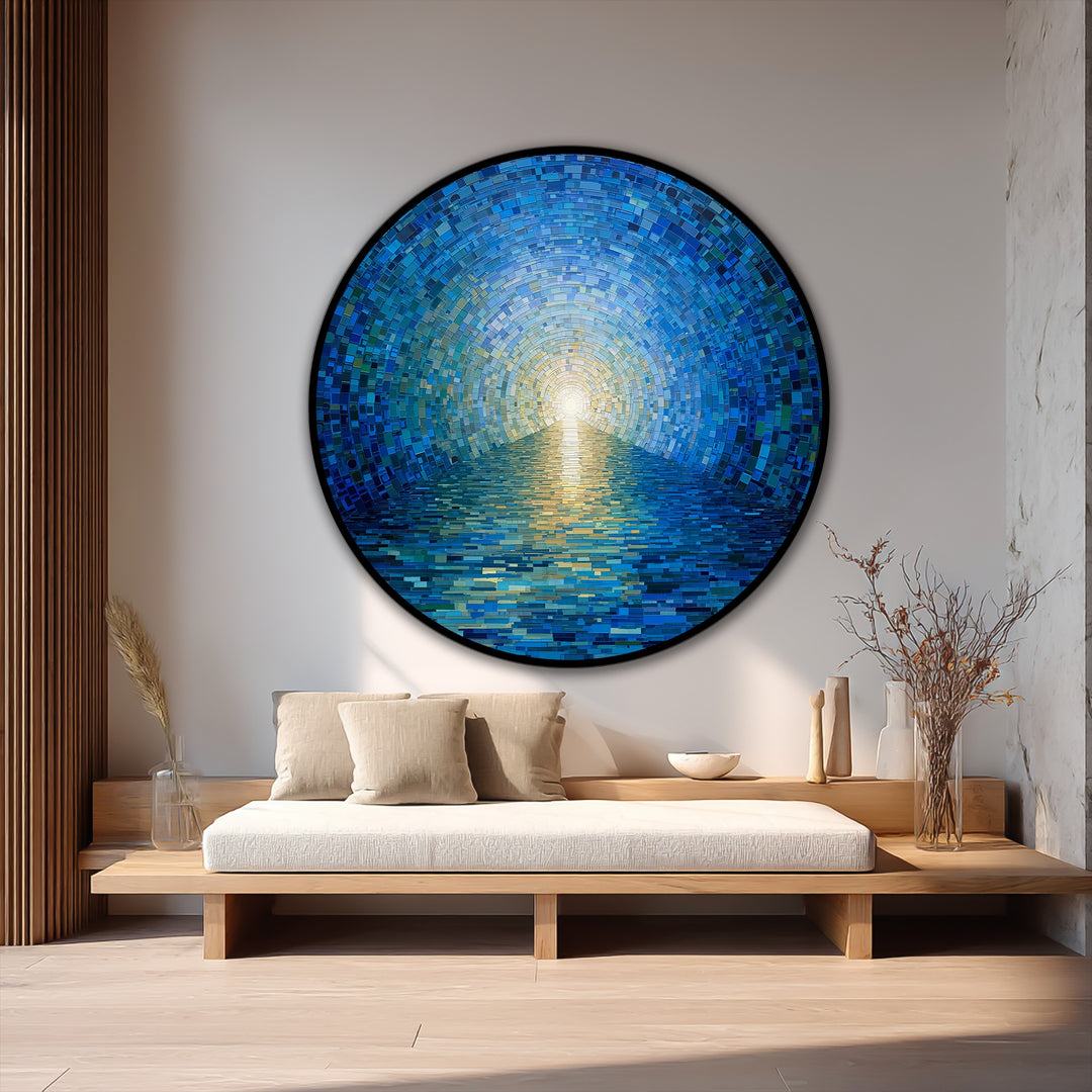 Radiant Horizon – Blue Mosaic Ocean Round Oil Painting