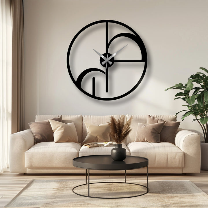 The stillness of the room emphasizes the modern geometric circle, a unique metal wall art clock, as a striking yet peaceful addition to the living space.