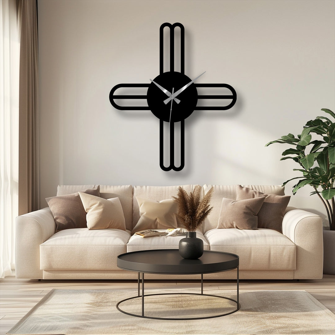 Highlighting the abstract quality, this minimalist modern cross line metal wall clock features a decoration wall art design, creating a striking focal point with its unique shape.