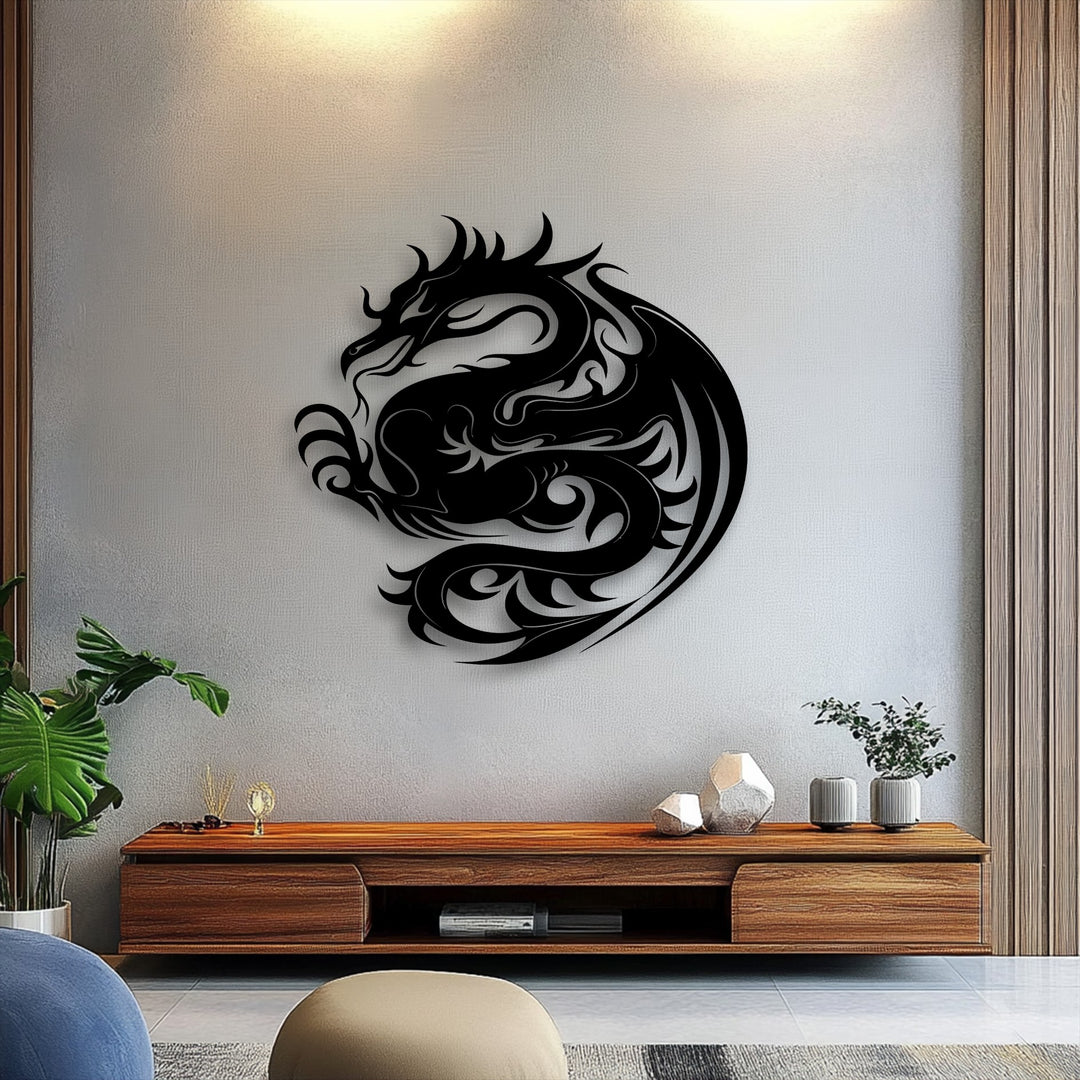 The decorative metal art dragon, a bold statement piece, exhibits intricate layers with its shadow creating an illusion of depth on the textured wall.