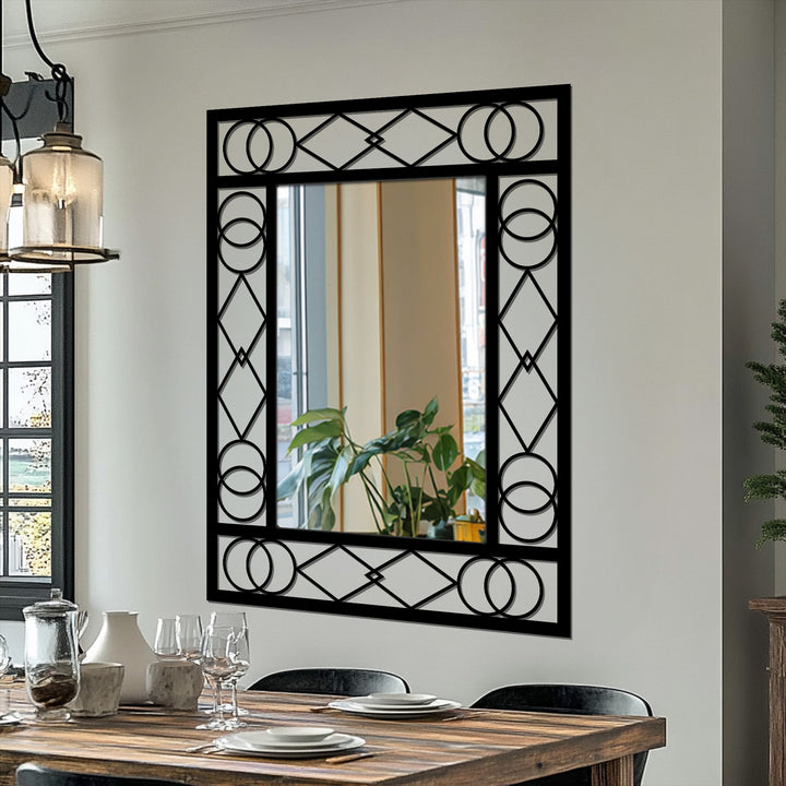 Highlighting the organic forms, this art deco circle and diamond black metal floor mirror for wall decor features an ornate geometric frame.