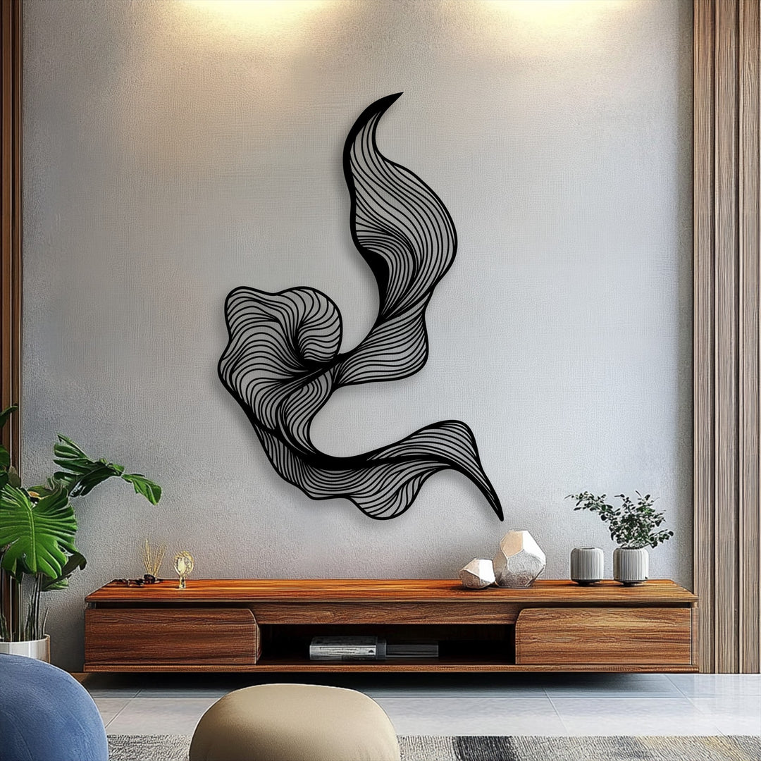 The dynamic, black abstract flow metal wall decor captivates with its intricate fluid line design on a textured wall.