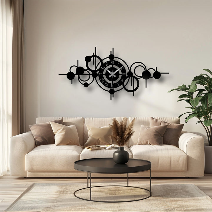 Against the neutral background, an abstract circle orbit metal wall clock becomes striking metal wall decor, bringing a modern geometric touch to the room.