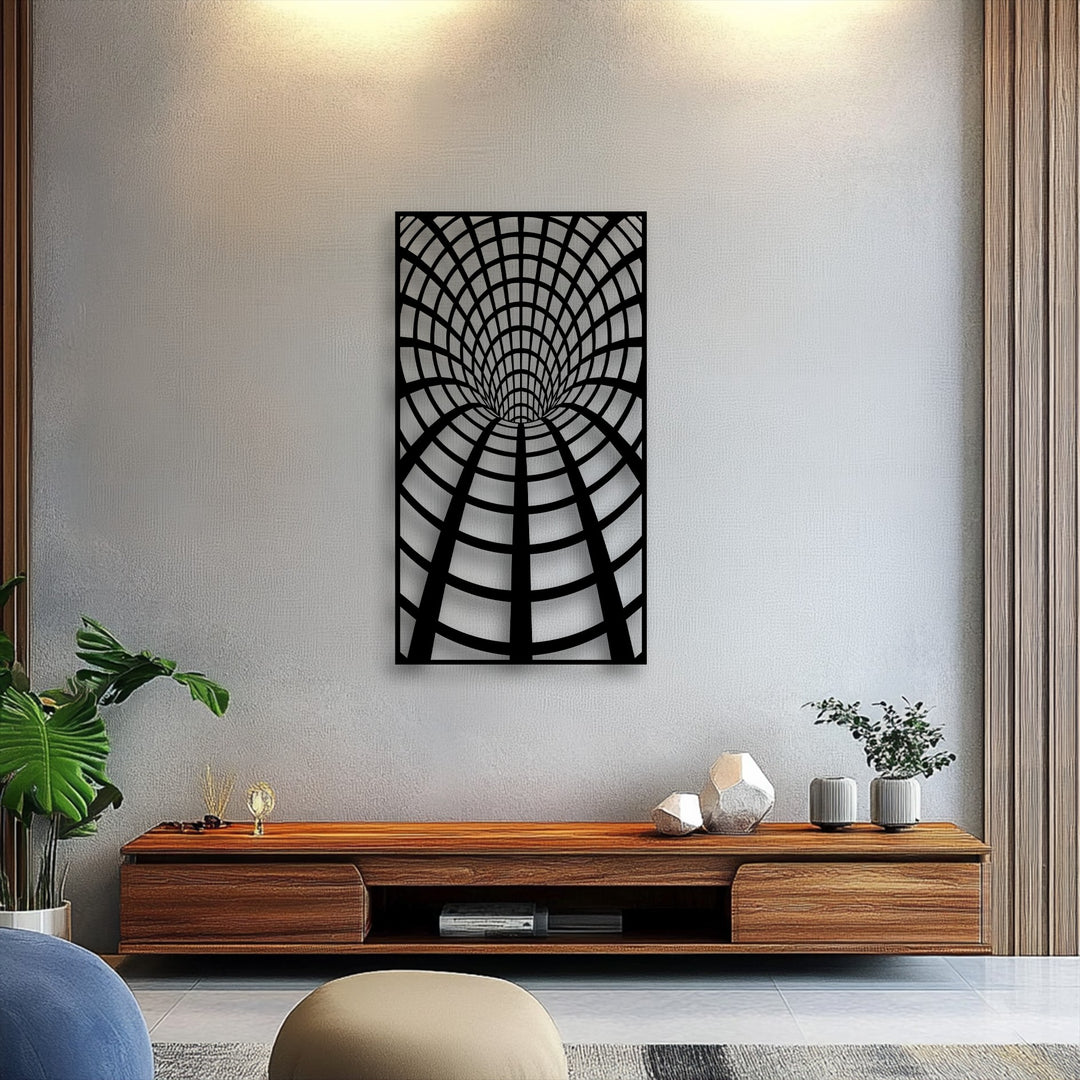 The crisp black edges and sharp borders define this unique metal wall art, showcasing an optical tunnel grid illusion panel design.