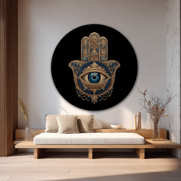 Mystic Hamsa eye, a luxurious oil painting artwork, stands as the loudest element in this ornate protective symbol wall art print, with its striking gold and deep blue design.