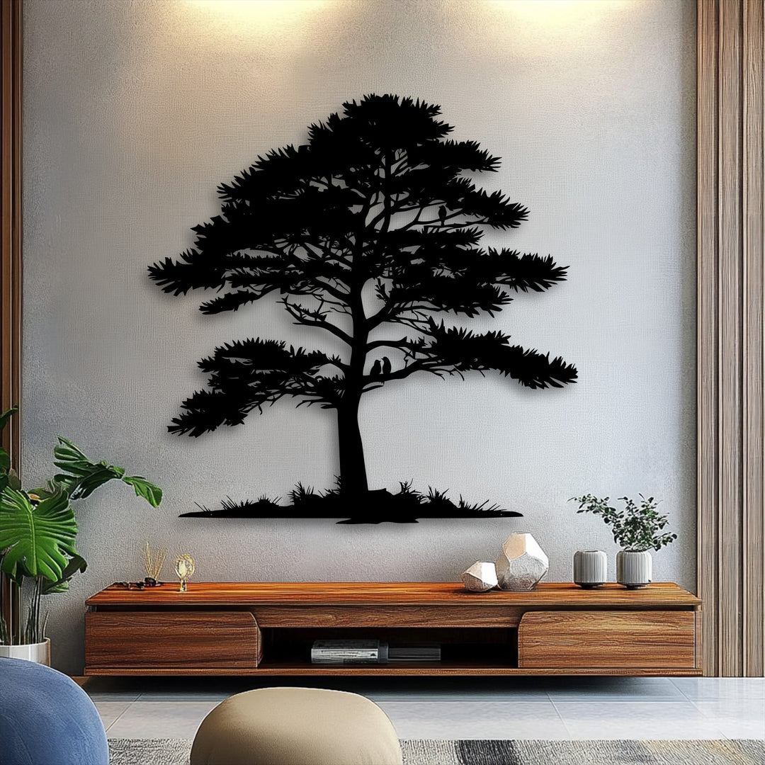 The compelling visual rhythm of this tree silhouette decoration wall art is created by intricate branches flowing against a textured wall.