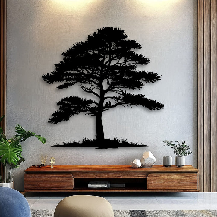 The compelling visual rhythm of this tree silhouette decoration wall art is created by intricate branches flowing against a textured wall.
