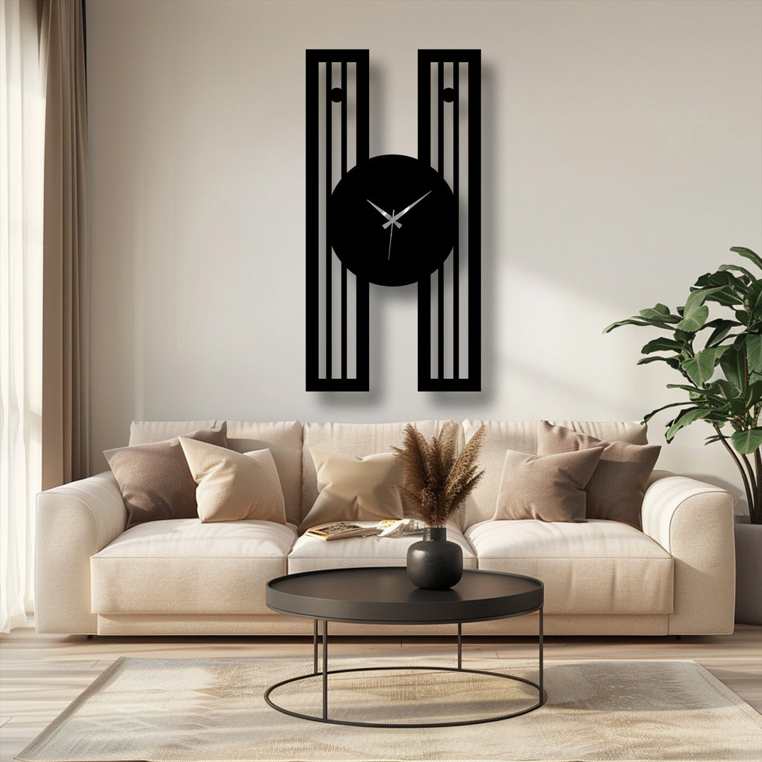 Warm lighting enhances the modern vertical metal art for wall clock, accentuating its geometric frame and gold hands against the neutral wall.