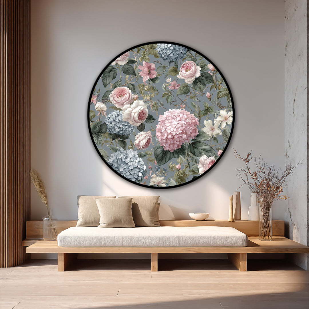 Showing the realistic detail, this round floral oil painting art prints beautifully displays vintage garden roses and hydrangeas in romantic, soft pastel tones.