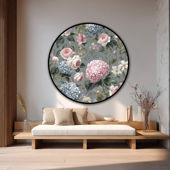 Showing the realistic detail, this round floral oil painting art prints beautifully displays vintage garden roses and hydrangeas in romantic, soft pastel tones.