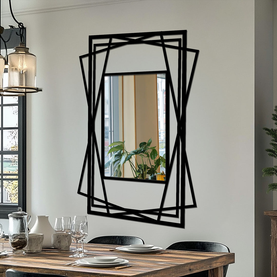 Reflecting exceptional material quality, this modern wall mirrors design features a layered geometric frame crafted with a bold black metal, adding depth to any space.