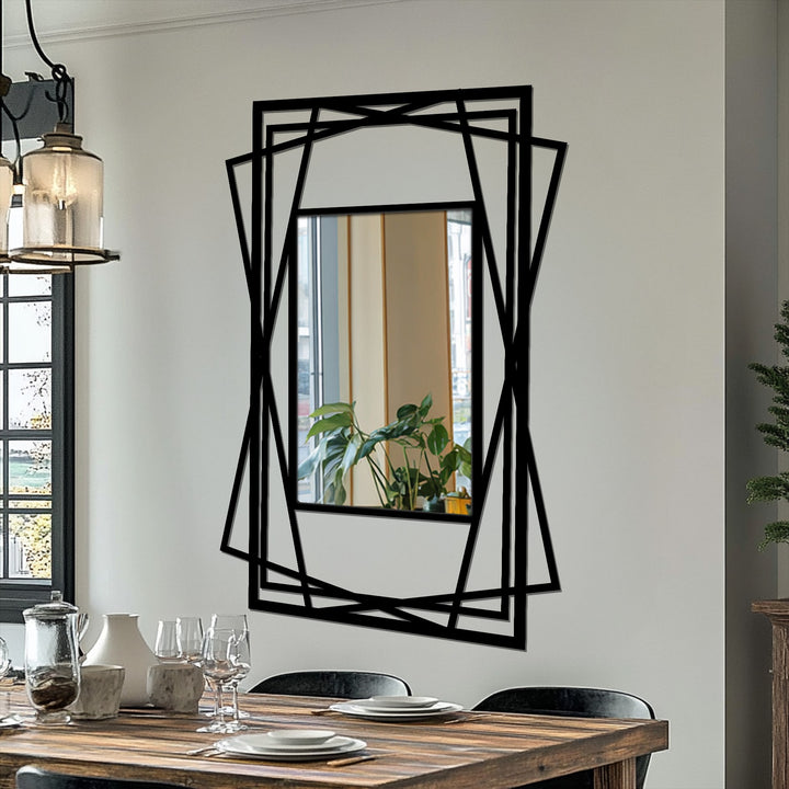 Reflecting exceptional material quality, this modern wall mirrors design features a layered geometric frame crafted with a bold black metal, adding depth to any space.
