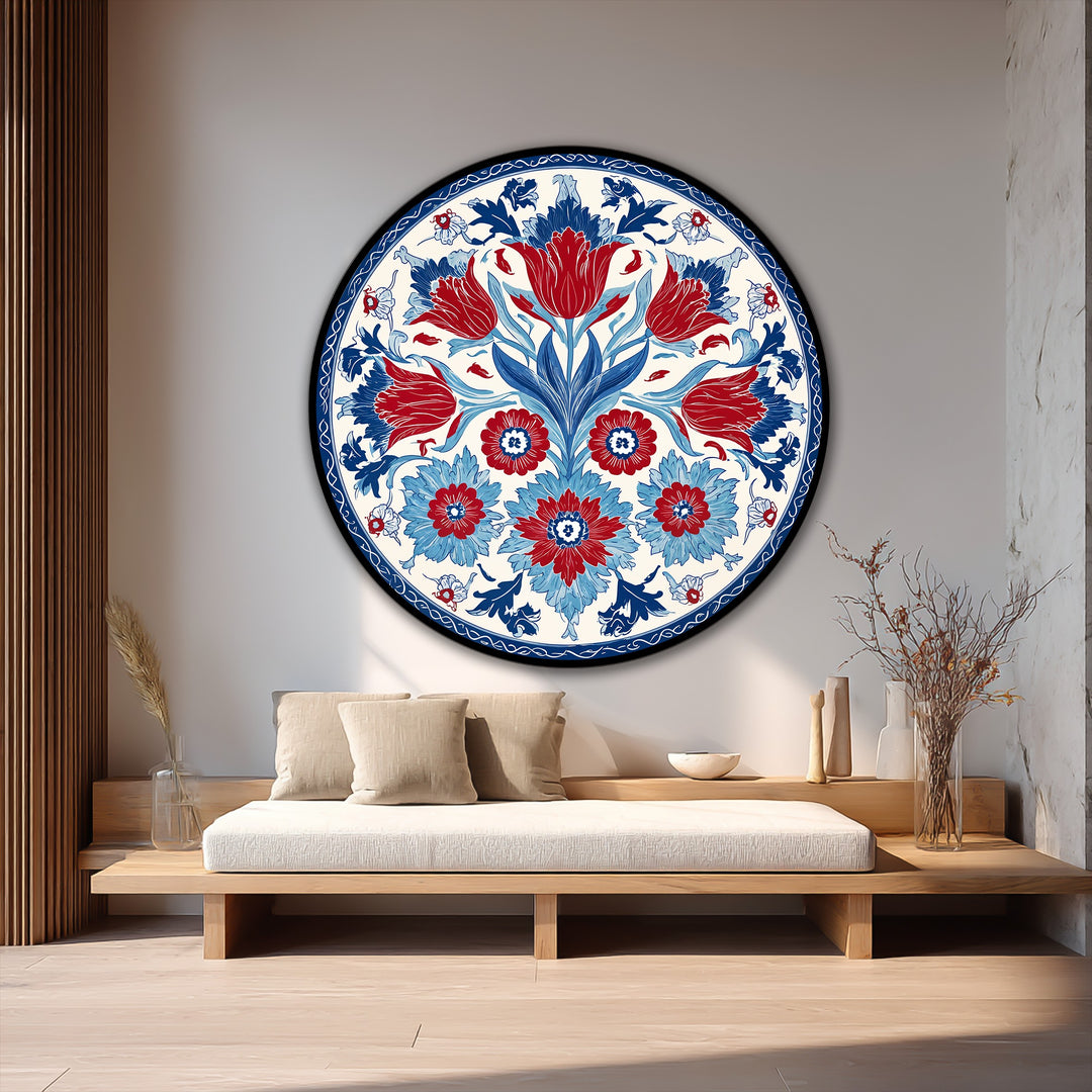 Visible brushstrokes enrich the surface texture of the vibrant ottoman floral motif round oil painting artwork, creating depth in this decorative fine art print.