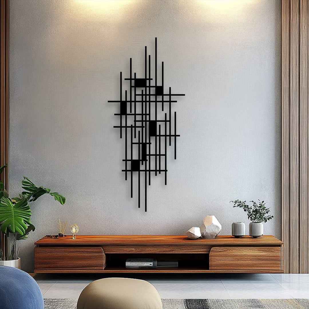 Abstract geometric grid metal artwork, featuring sleek black vertical and horizontal lines with solid squares, creating a modern minimalist design.