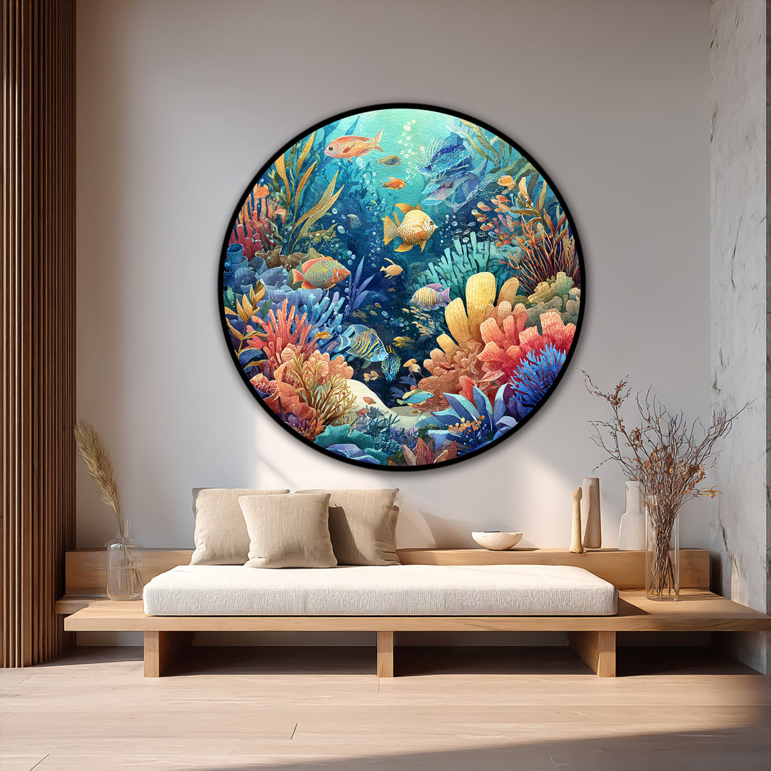 Calming and serene, a vibrant coral reef with tropical fish round oil painting evokes an underwater fantasy with its detailed oil painting art piece.