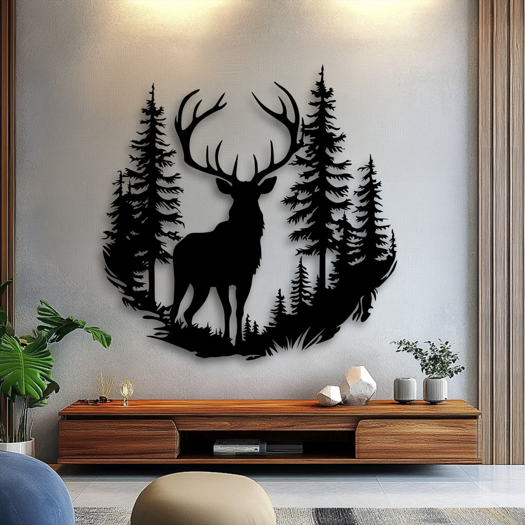 The plush, textured gray rug offers a soft contrast to the striking deer forest metal artwork and elegant stag nature decor.