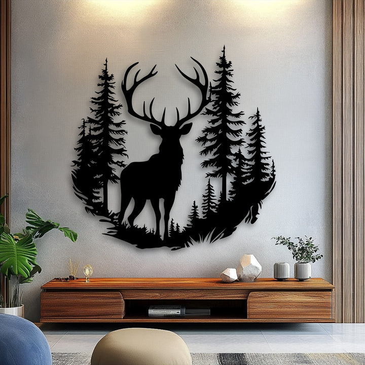 The plush, textured gray rug offers a soft contrast to the striking deer forest metal artwork and elegant stag nature decor.