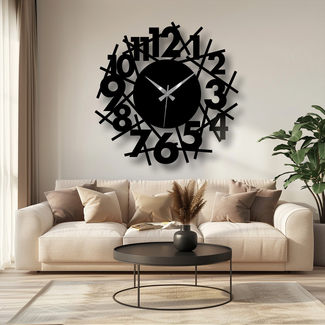 Suggesting movement, this abstract numeric chaos modern metal artwork wall clock features scattered numerals and hands that give a dynamic sense.