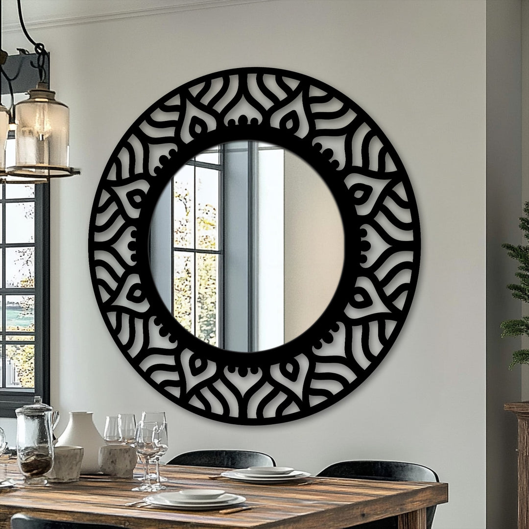 Crafted with a sturdy black metal frame showcasing an abstract pattern, this modern mirror offers both durability and striking design for your space.