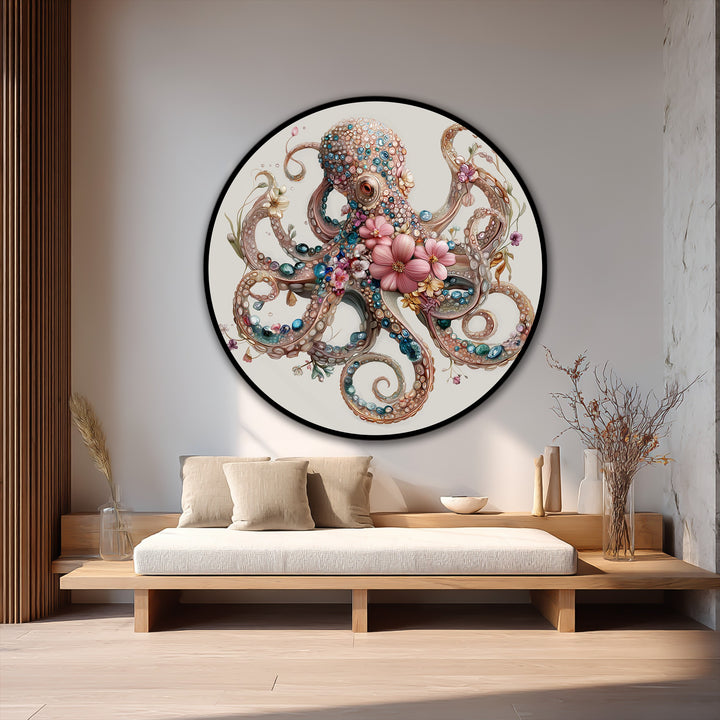 Serene, this oil painting home decor captures a whimsical, floral jeweled octopus round oil painting, radiating a tranquil and elegant oceanic mood.