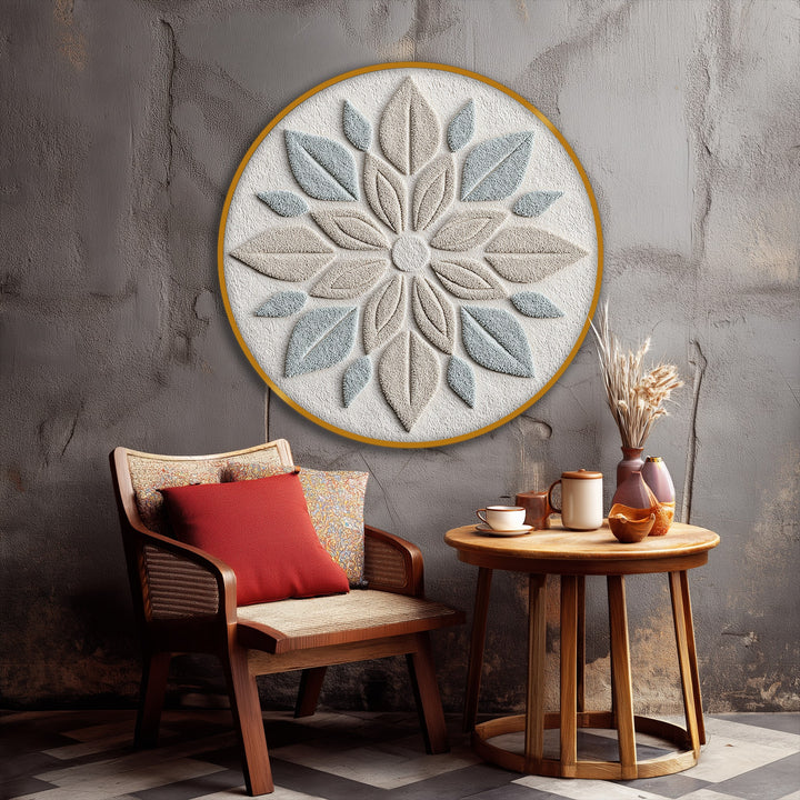 Highlighting the geometric elements, a round hanging canvas showcases a neutral leaf mandala with repeating leaf shapes, perfect as minimal botanical wall art.