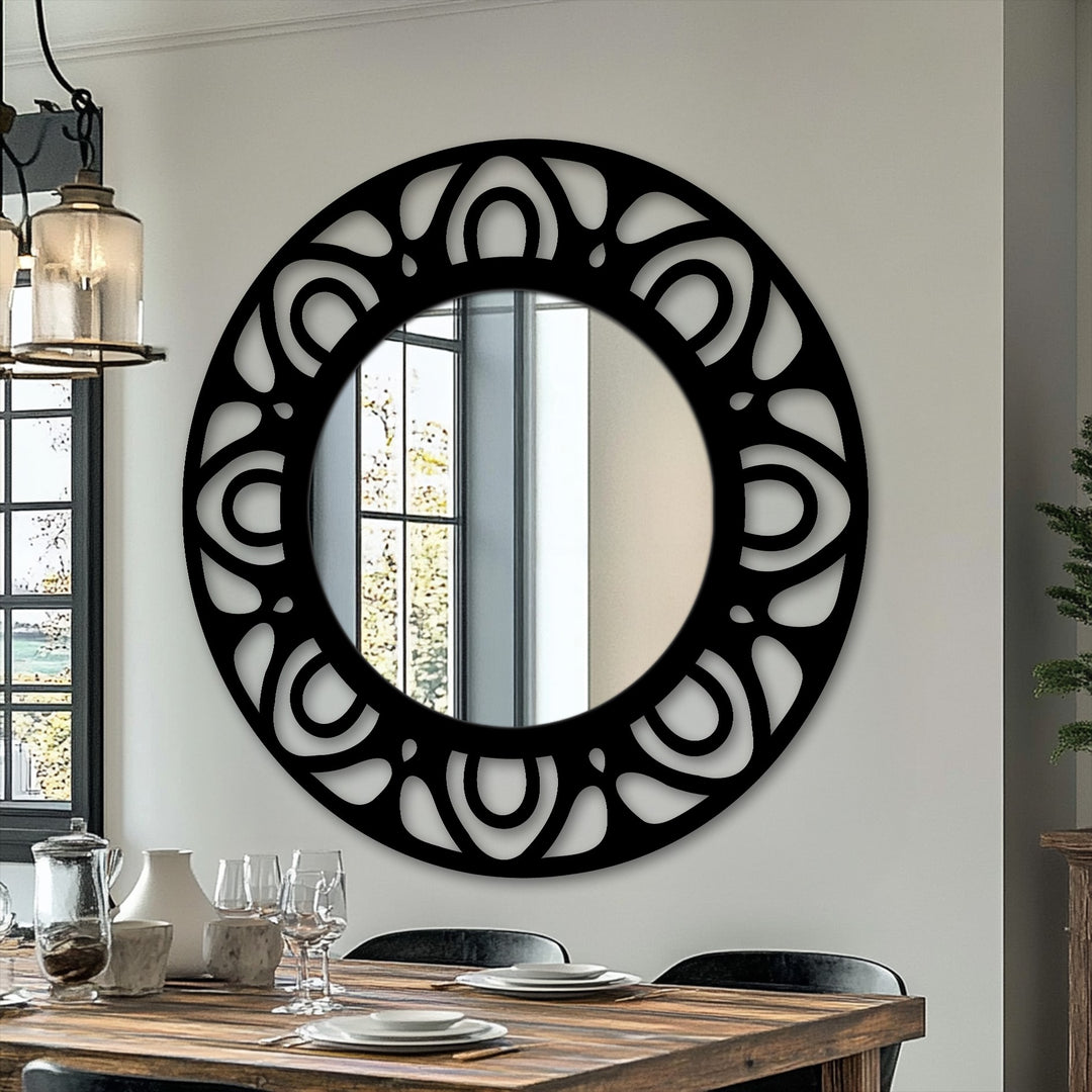 Intricate surface texture details of the modern pattern ring create a stunning mirror for wall decor, adding depth to this round floor mirror with a black metal frame.