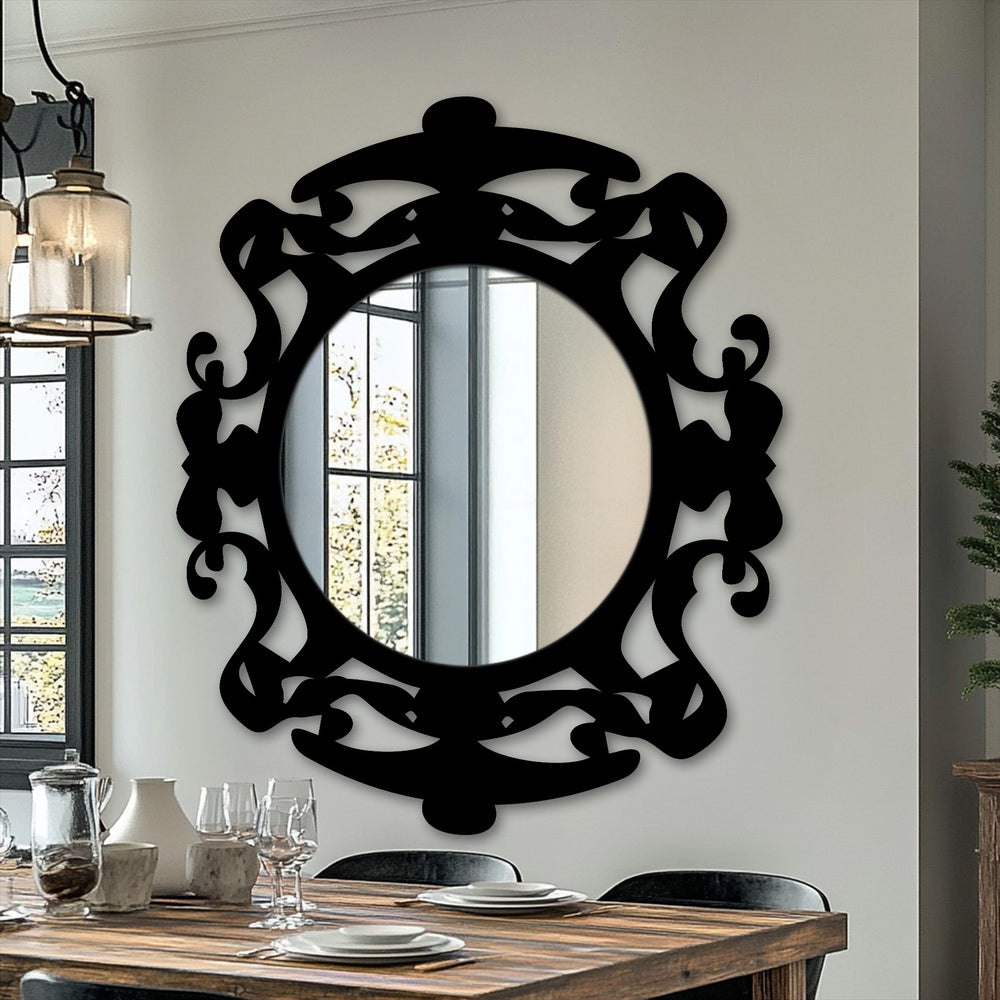 Reflecting elegance, the ornate round floor decorative mirror with its striking black metal frame adds a touch of sophistication to any room.