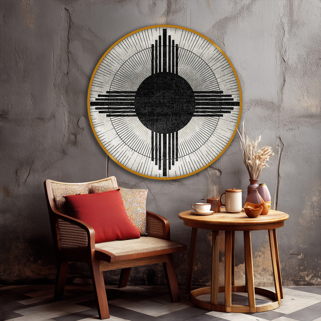 Radiating lines of this geometric sunburst canvas painting emanate outward, giving a vibrant, kinetic energy to this modern minimalist wall art print.