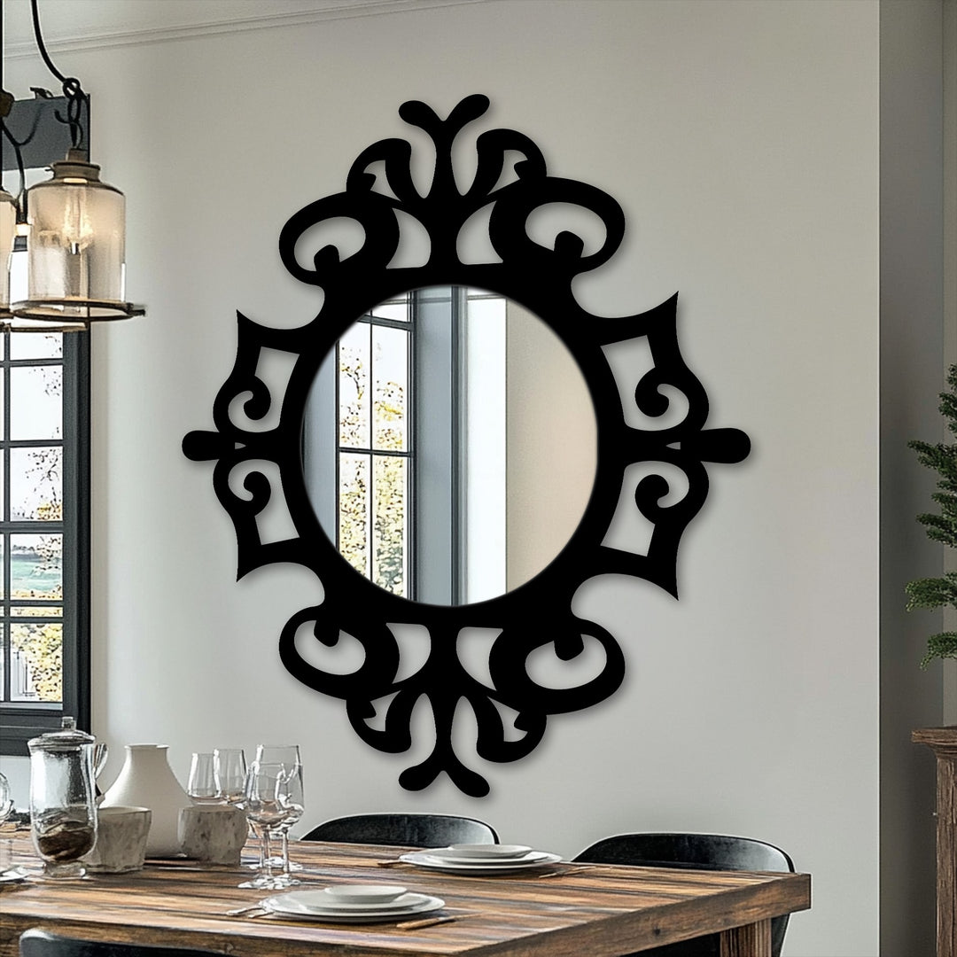 Realistically detailed ornate frame surrounds the classic round floor mirror, reflecting light and amplifying the room's home decoration with a striking design.