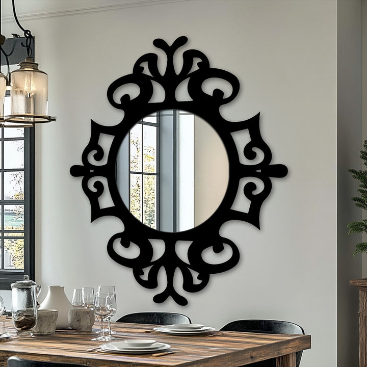 Realistically detailed ornate frame surrounds the classic round floor mirror, reflecting light and amplifying the room's home decoration with a striking design.