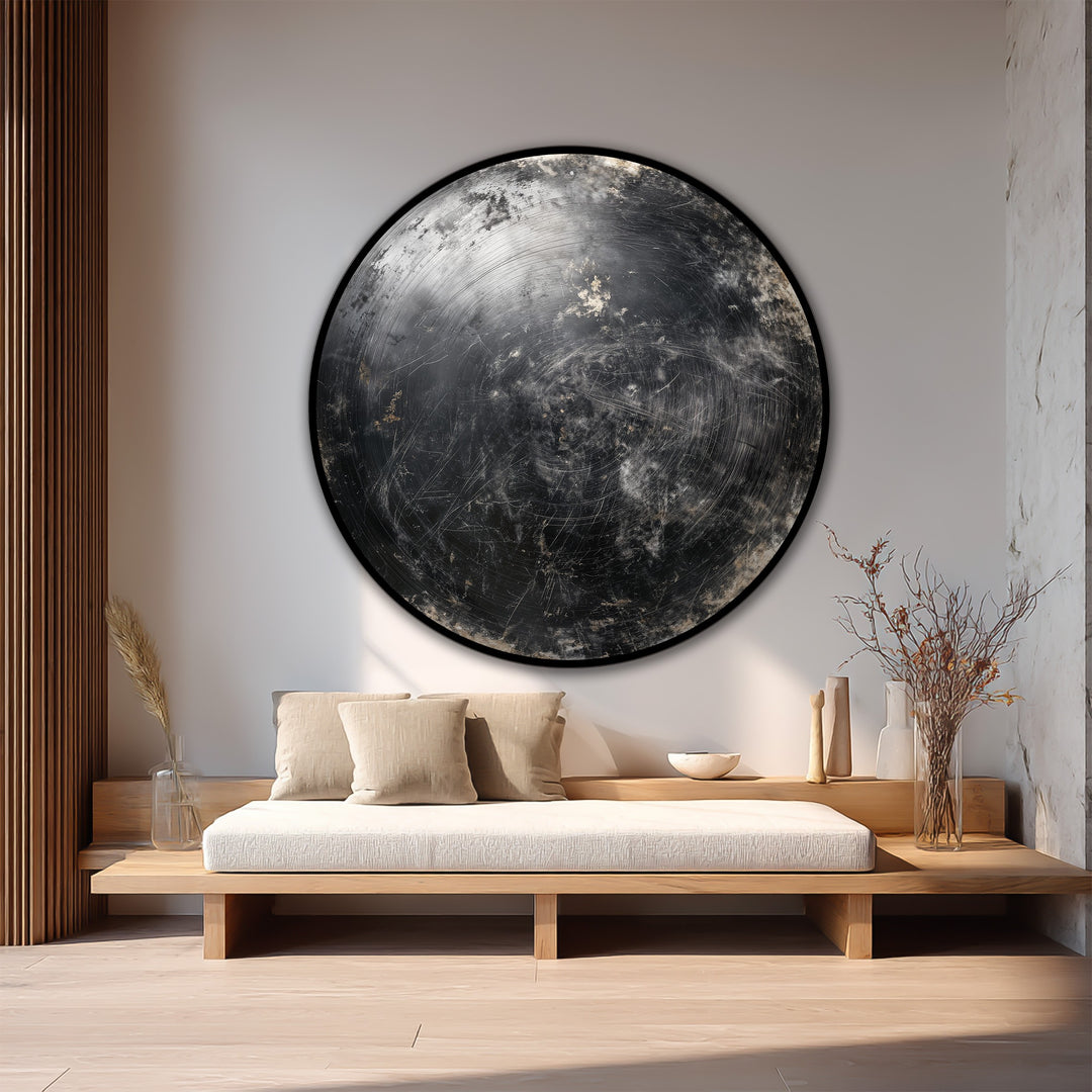 Dramatic color contrast highlights the dark metallic textures and cosmic tones of this abstract round wooden oil painting decoration in the Midnight Orbit wall art.