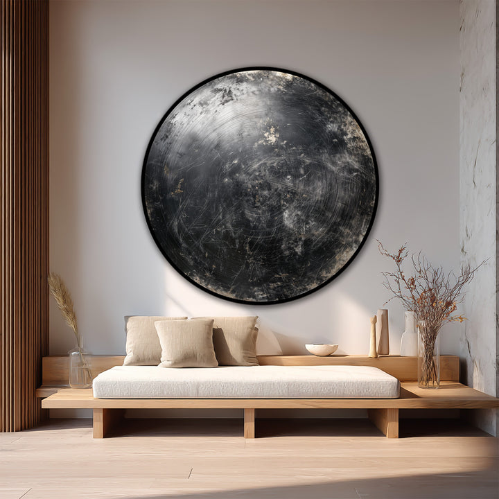Dramatic color contrast highlights the dark metallic textures and cosmic tones of this abstract round wooden oil painting decoration in the Midnight Orbit wall art.
