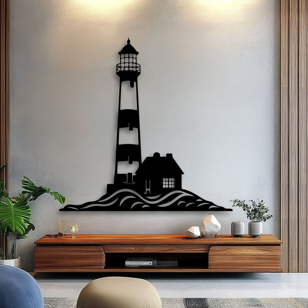 Warm, diffused light softly graces the textured wall, enhancing the striking coastal lighthouse silhouette unique metal wall art.