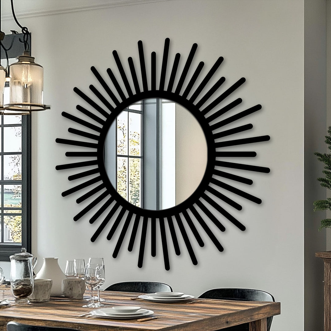 With impressive depth and layered elements, a round sunburst mirror for wall decor features a black frame reflecting interior scenes.