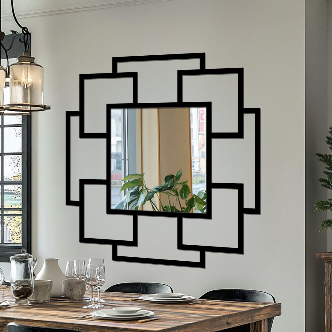 Foreground dining arrangement reflects in this square Cascade Squares geometric wall modern mirror, enhancing the decor and depth of the room.