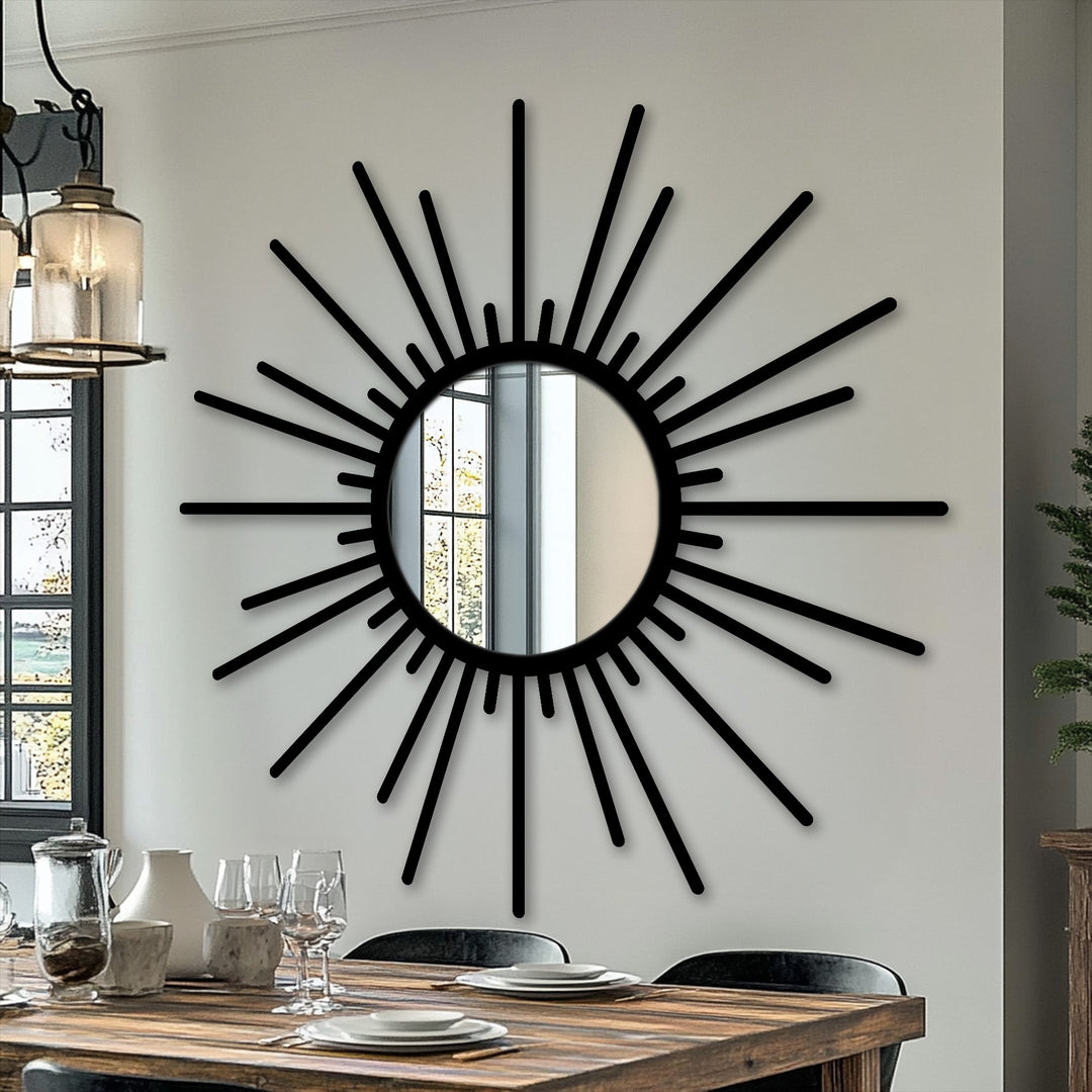 Featuring geometric elements, the modern mirror showcases a sunburst design with radiating lines around the circular frame, creating a unique and stylish statement piece.