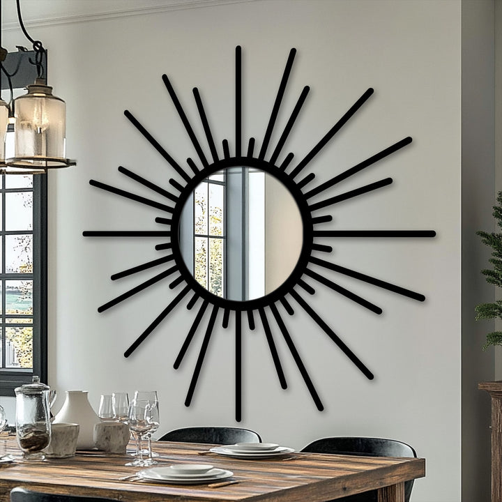 Featuring geometric elements, the modern mirror showcases a sunburst design with radiating lines around the circular frame, creating a unique and stylish statement piece.