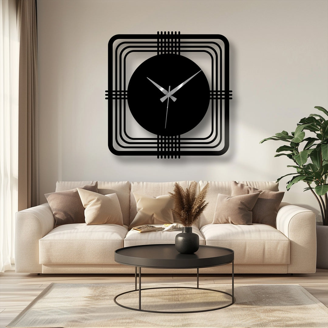 Behind the Geometric Square Frame Modern Metal Wall Clock, a serene backdrop features a neutral-toned wall, complementing the contemporary decoration wall art.