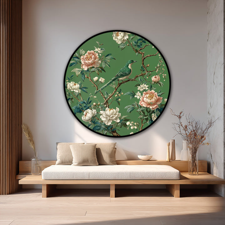 Shadows define the edges of the round 'Emerald Songbird Among Blossoms' oil painting, highlighting its exquisite oil painting art prints of a bird and peonies.