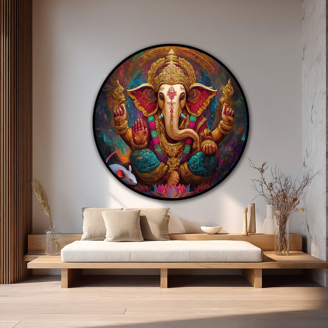 Dynamic light and shadow play across this round oil painting decoration, highlighting the golden details of Ganesha, creating a spiritual and radiant piece.