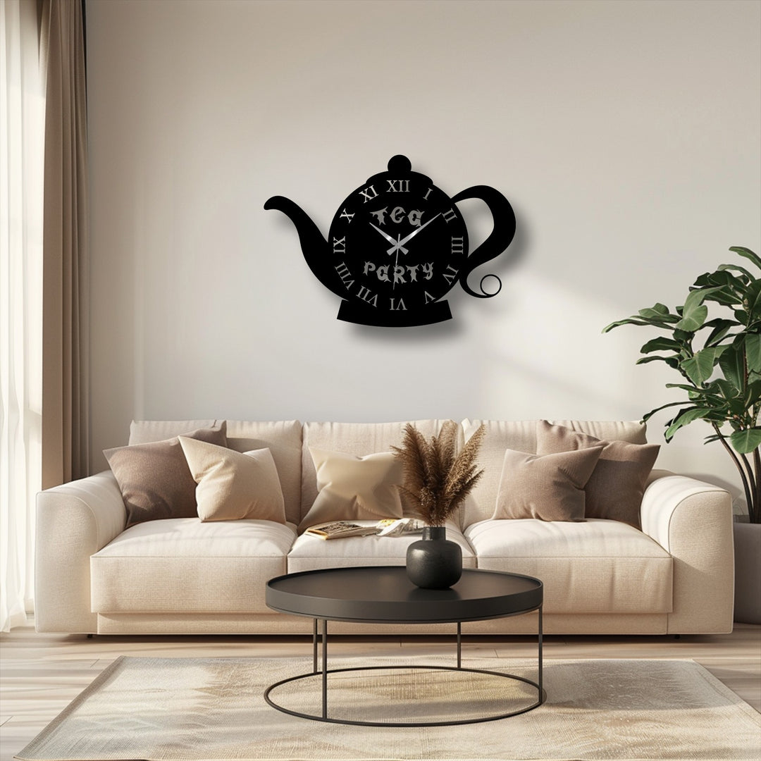 Visual rhythm animates the room with a teapot shape metal art for wall clock, a repeating motif that echoes the room's balanced design.