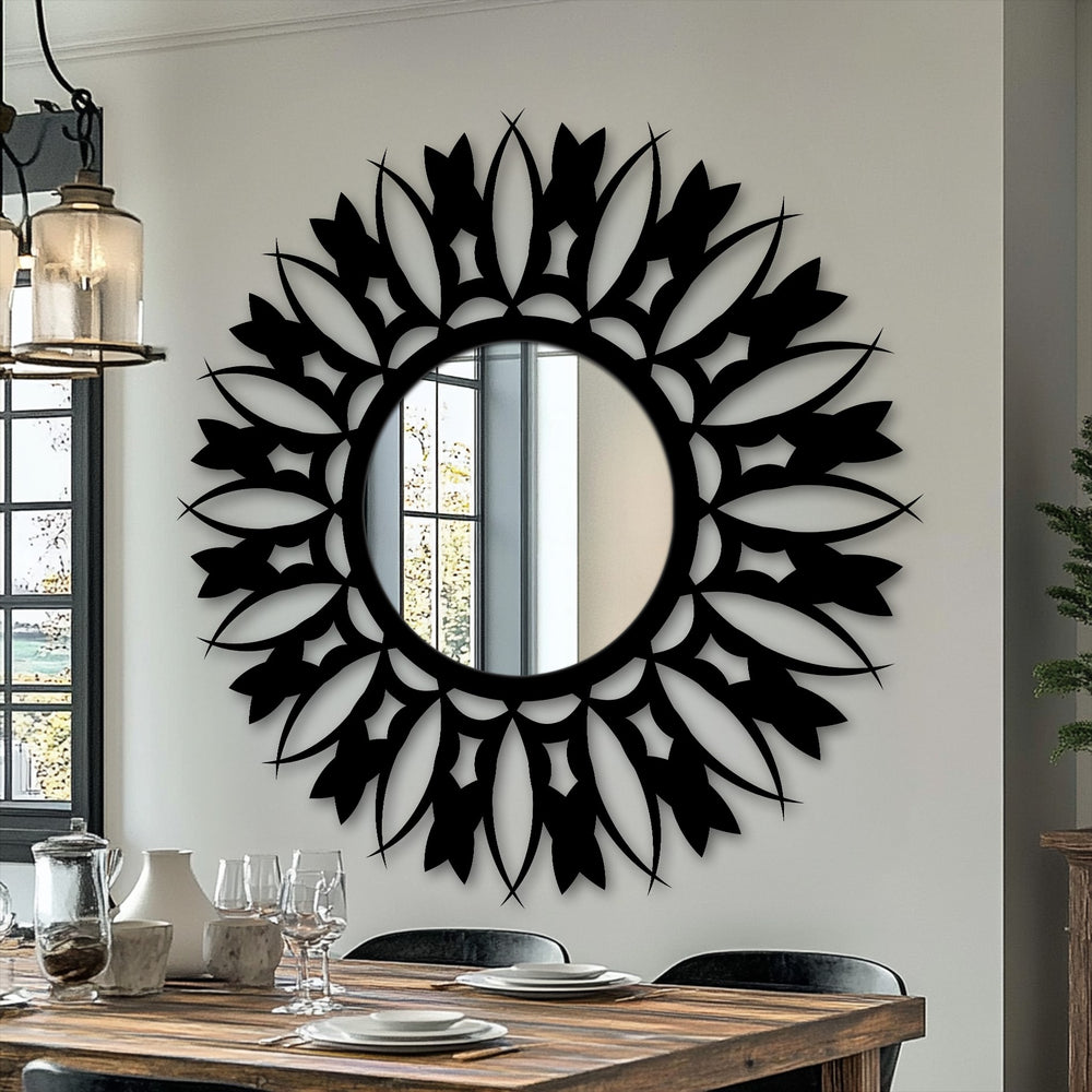 Featuring a finely textured surface texture, this floral sunburst stained glass wall mirror has an intricate black frame.