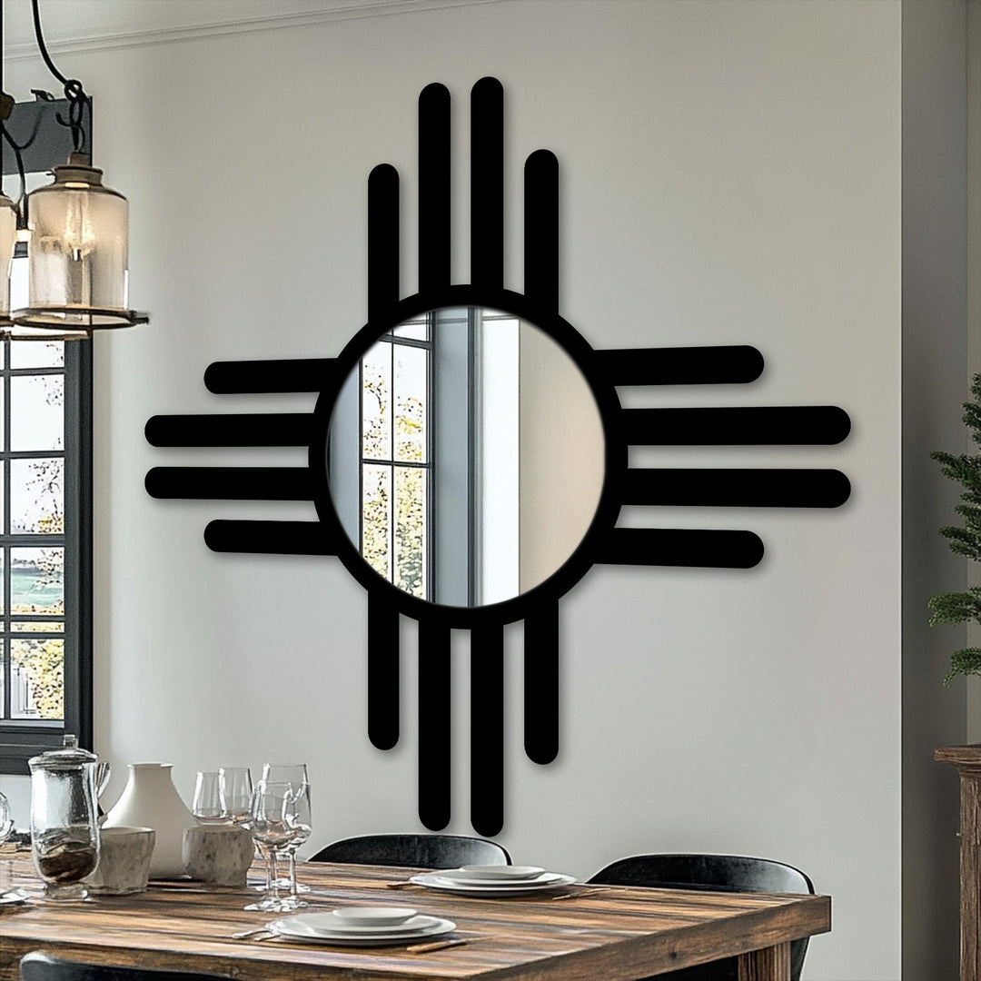 The visual rhythm of this modern cross line mirror is created by the repeating black frame elements around the circle, offering a striking framed wall mirror.