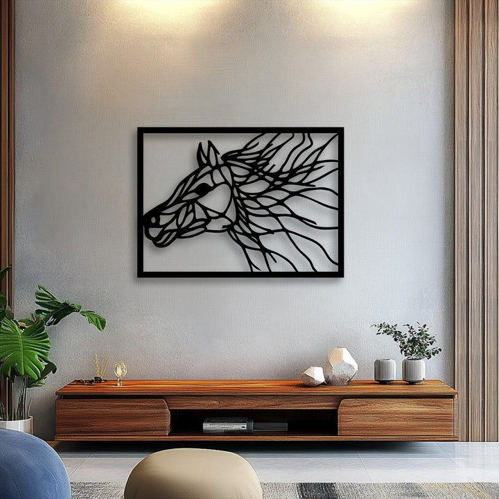 The negative space in this wild lines abstract horse portrait metal art for wall highlights the intricate form of the horse's head against the pale wall.