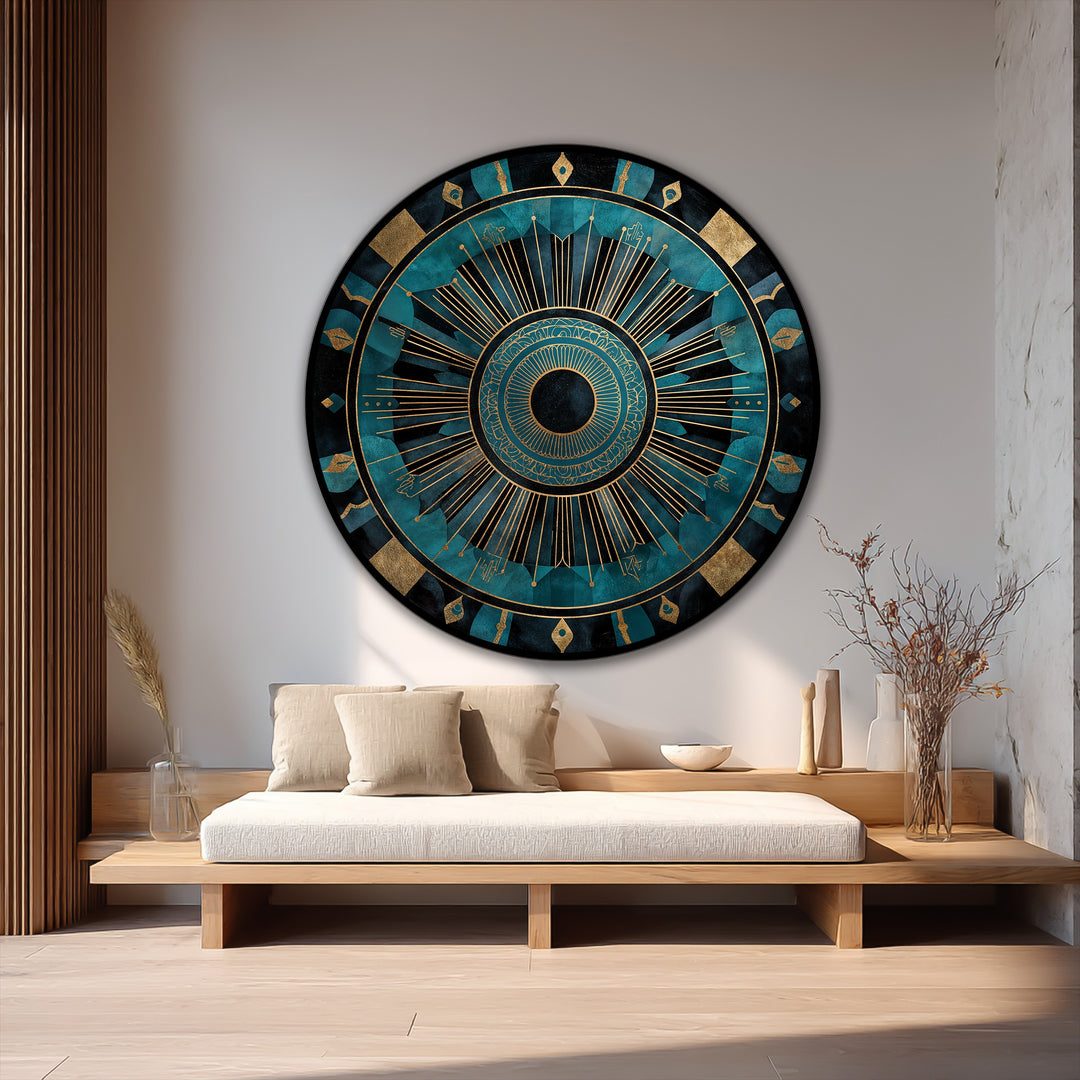 The stillness of the space is enhanced by the symmetrical, teal and gold radiant mandala abstract oil painting artwork, offering a peaceful focal point.
