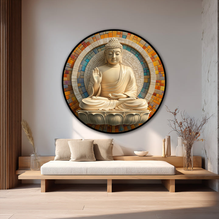 Radiant Buddha, centered in this oil painting art piece, features a vibrant mosaic halo, the loudest and most spiritual element of this round wall art.