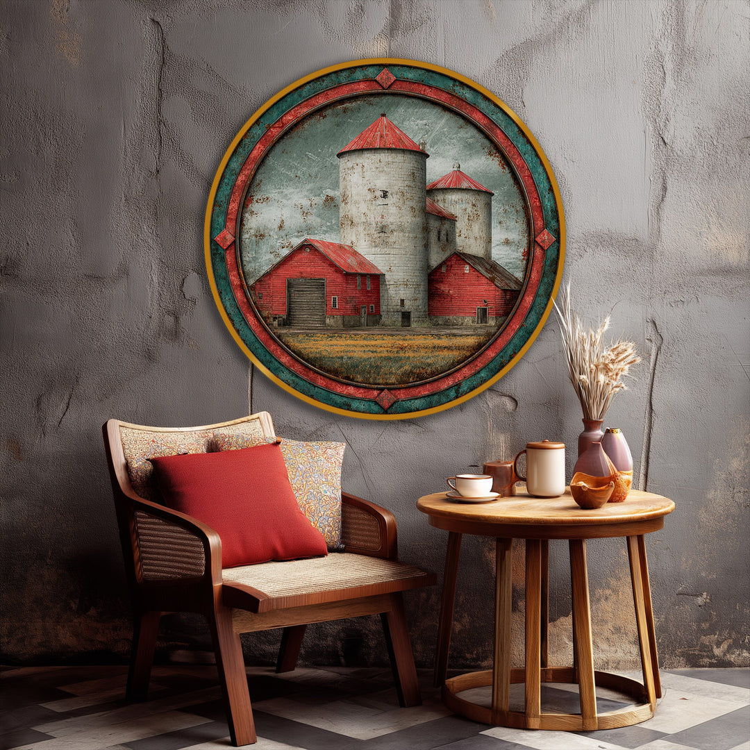 Rustic Red Barn and Silos Landscape Round Canvas Print – Vintage Farm Wall Art