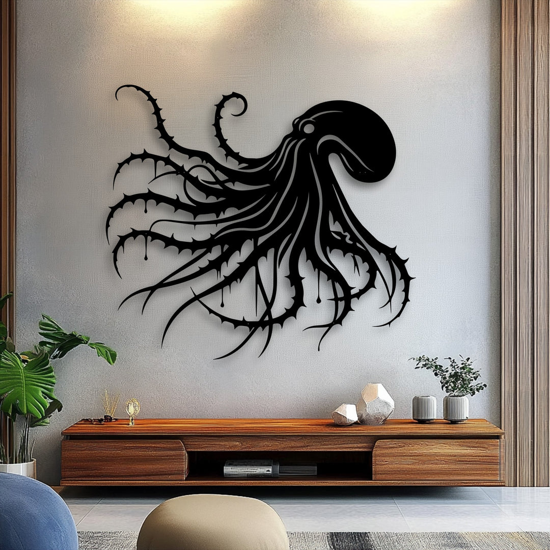 Organic forms of a dark octopus decorative metal art with sharp, dripping tentacles present a striking gothic ocean decor statement.