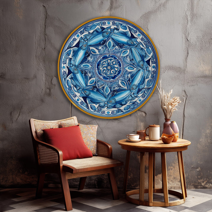 Invitingly serene, a big canvas prints showcases a blue fish mandala design, creating a tranquil and coastal mood perfect for enhancing a calm interior space.