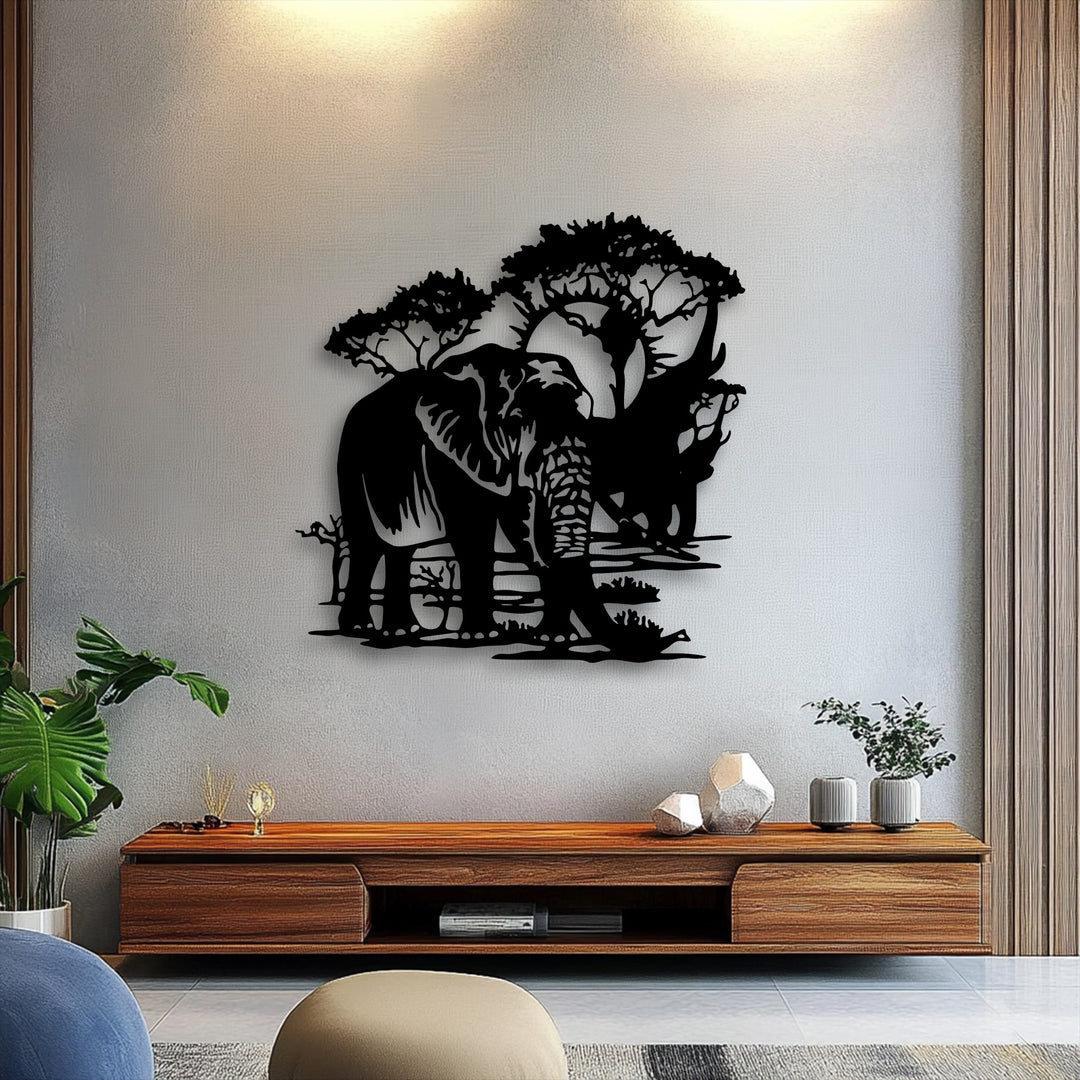 Subtle shadows are cast by the elephant and tree design of this unique metal wall art, enhancing its depth against the illuminated wall.